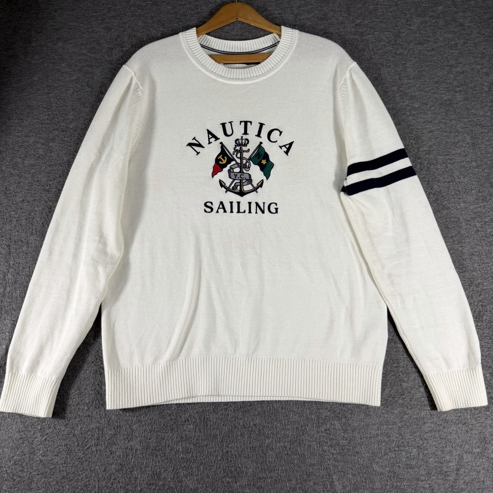Nautica Sweater Mens White Sailing Crest Crewneck Cotton Embroidered Preppy SZ M